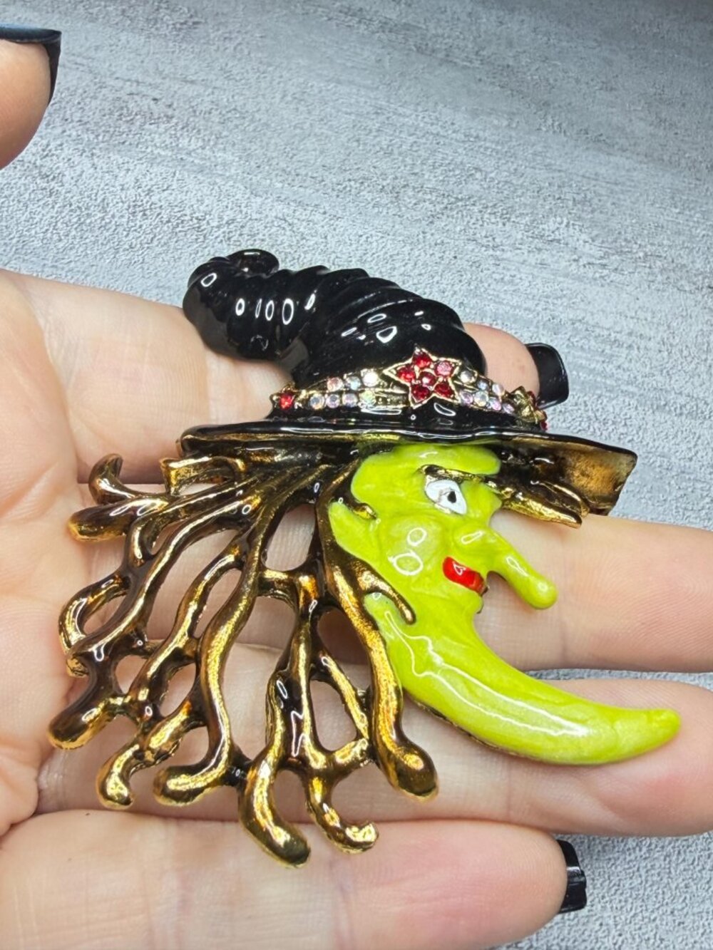 Kirks Folly Witch Moon Brooch Hand Painted Enamel Vintage - Picture 5 of 9